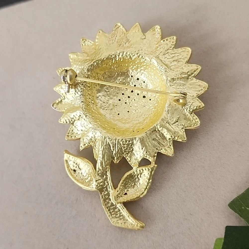 Gold Sunflower Brooch Pin with Clear CZ Stones